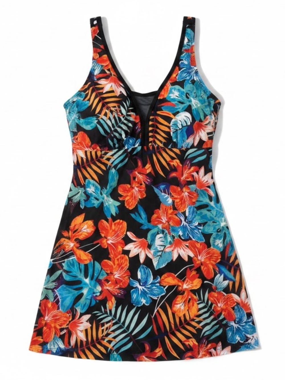 Tropical Floral Black Swim Dress Vibrant Orange & Teal Flowers Large NWOT